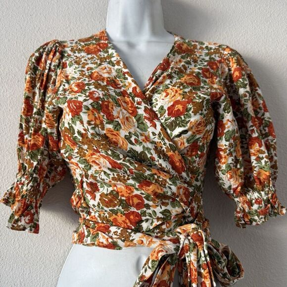 Faithfull the Brand Tops - Faithfull the Brand Cropped Blouse Women’s XS 2 Floral Wrap Puff Sleeve Tie